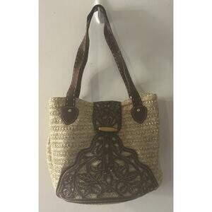 Avon Straw Tote Bag Boho Floral Cutout Faux Leather Trim Summer Beach Purse